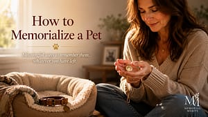 How to memorialize a pet shown by a person in soft window light holding a paw-print memorial keepsake near an empty pet bed