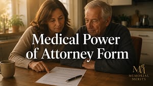 Adult daughter and aging father reviewing a medical power of attorney form together at a kitchen table in warm afternoon light