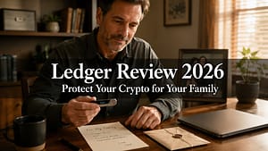 Ledger Review 2026: Keep Your Crypto Safe, and Reachable by the People You Love A calm man at a home desk holding a hardware wallet beside a handwritten note and a sealed envelope, family photo blurred behind him, showing crypto cold storage and inheritance planning