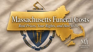 Massachusetts Funeral Costs in 2026: Real Prices, Your Rights, and a Verified Directory Massachusetts state outline in gold over the state flag with the title Massachusetts Funeral Costs and subtitle about prices and rights