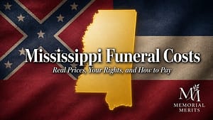 Mississippi Funeral Costs in 2026: Real Prices, Your Rights, and a Verified Directory Gold outline of the state of Mississippi over the Mississippi flag with the title Mississippi Funeral Costs, the featured image for a guide to Mississippi funeral costs and a verified funeral home directory