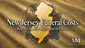 New Jersey Funeral Costs 2026: Real Prices, Your Rights, and Verified Directory New Jersey state outline in gold over the state flag with the title New Jersey Funeral Costs and subtitle Real Prices, Your Rights, and How to Pay