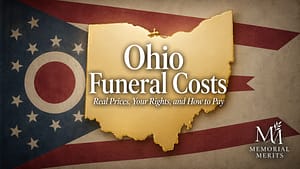 Ohio Funeral Costs in 2026: Real Prices, Your Rights, and a Verified Directory Ohio state outline in warm gold over the muted Ohio swallowtail flag with the title Ohio Funeral Costs and subtitle Real Prices, Your Rights, and How to Pay centered over the outline, Memorial Merits logo in the lower right