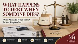 Estate documents, credit card bills, medical bills, and a balance scale showing who pays debt when someone dies