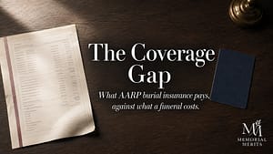 Itemized funeral statement and an AARP burial insurance policy card separated by empty desk space, showing the coverage gap