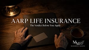 Older adult's hands resting on a closed folder of insurance paperwork beside a blank membership card and reading glasses, illustrating an AARP life insurance review of rates and coverage limits