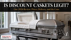 Discount Caskets Review 2026: Cheap Caskets Delivered Free Is Discount Caskets legit, a 2026 review of the cheap caskets retailer showing a brushed steel casket in a funeral home chapel with the Memorial Merits verdict headline