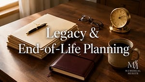 Legacy & Estate Planning Resources: Every Service We Trust and What It Costs Walnut desk in morning light with tied document folders, a fountain pen, reading glasses and a burgundy notebook, set up to compare legacy and end-of-life planning services