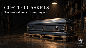 A closed steel casket on a shipping pallet in a dark warehouse aisle, showing how Costco caskets ship to a funeral home.