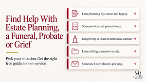 Find Help With Estate Planning, a Funeral, Probate or Grief Memorial Merits Help Finder showing five situations to choose from: planning an estate, someone has just passed away, grieving, settling an estate, and supporting someone who is grieving.