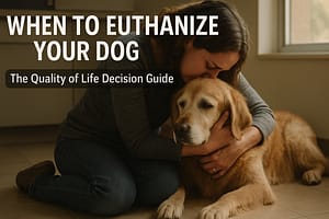 When to Euthanize Your Dog - The Hardest Decision Every Pet Owner Faces (Quality of Life Guide) Pet owner embracing elderly golden retriever in vet office making difficult euthanasia decision with quality of life assessment guide