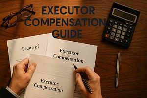 Executor Compensation: The Money You're Legally Entitled To (That Families Never Discuss) Overhead view of executor reviewing estate compensation documents with calculator on professional desk