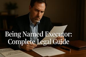 Being Named Executor: Complete Guide to Legal Duties, Timeline & Protecting Yourself from Personal Risk Person reviewing estate documents at desk with serious expression, representing executor responsibilities and legal duties