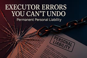 The Executor Errors You Can't Undo: Costly Mistakes That Become Your Financial Problem Shattered glass and legal documents representing irreversible executor errors that create permanent personal liability executors cannot undo