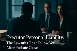 What Executors Get Sued For: Personal Liability That Outlasts Estate Closure Executor meeting with attorneys about personal liability lawsuits after estate administration, representing the legal consequences that outlast probate closure