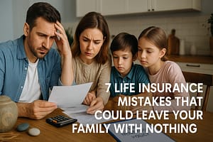 7 Life Insurance Mistakes That Could Leave Your Family With Nothing (What Agents Don't Mention) Family reviewing life insurance documents at home to avoid coverage mistakes and protect their financial future