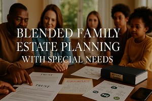 Blended Family Estate Planning When One Child Has Special Needs: 7-Step Plan to Protect Everyone (Without Starting a Family War) Blended family reviewing estate planning documents together at dining table with trust paperwork and family structure diagrams