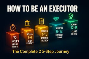 How to Be an Executor: Complete Step-by-Step Guide From Appointment to Distribution Dramatic ascending staircase visualization showing five illuminated executor phases from 72 hours (red urgent glow) through 12-18 months (green success glow) with golden path connecting all stages