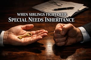When Siblings Fight Over Special Needs Inheritance: The Disasters Courts See Every Year (And How Parents Prevent Them) Two hands showing inheritance inequality with one receiving golden key while other hand remains empty against estate planning documents