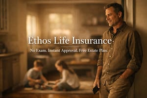 Ethos Life Insurance Review 2026: Is It Legit and What It Costs Father standing in doorway watching children play after completing life insurance application, warm afternoon light