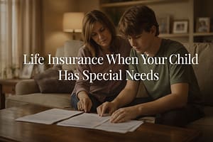 Life Insurance for Special Needs Families Parent and young adult child reviewing life insurance documents together in a warm living room setting, representing special needs family financial planning