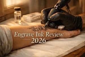 Engrave Ink Review 2026: Cremation Tattoo Ink Made From Ashes Tattoo artist carefully working a memorial design on a woman's forearm in warm golden studio light with Engrave Ink retaining kit in the background