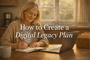 How to Create a Digital Legacy Plan: Accounts, Documents, and the Words That Outlast You Woman writing in a legacy journal at a kitchen table with organized estate documents and a laptop nearby, creating a complete digital legacy plan for her family