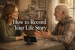 How to Record Your Life Story (Even If You're Not a Writer) Adult daughter and elderly father seated at a dining table, smartphone recording their life story interview conversation, warm home setting with family photos in background