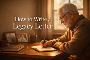 How to Write a Legacy Letter: A Step-by-Step Guide (With Examples for Every Family) Older man writing a legacy letter by hand at a wooden desk in warm afternoon light with family photos in the background
