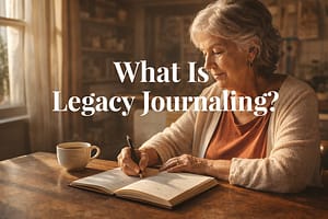 What Is Legacy Journaling? Meaning, Benefits, and How to Start Older woman writing in a legacy journal at a sunlit kitchen table, capturing memories and life stories for future generations