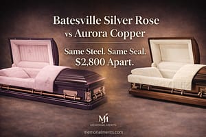 Batesville Silver Rose violet steel casket with natural velvet interior next to Aurora Series Copper dark bronze casket with ivory velvet interior in a side by side 18 gauge sealed casket comparison review showing $2,800 price difference