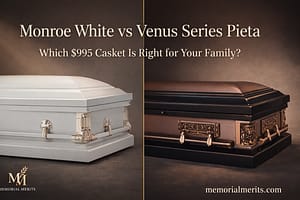 Monroe White Casket and Venus Series Pieta side by side comparison at $995 each from Discount Caskets