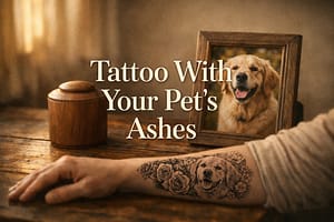 Tattoo With Pet Ashes: A Grief-First Guide for Pet Parents (2026) Grieving pet owner's forearm resting beside a small wooden urn and a framed photo of a golden retriever in warm window light