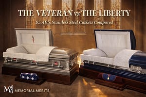 The Veteran platinum finish stainless steel casket beside The Liberty midnight blue stainless steel casket in a military memorial hall side-by-side comparison from Discount Caskets