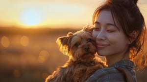 a photo of a Yorke dog and Asian lady likely representing losing a pet and the process of pet euthanasia, pet cremation and insurance.