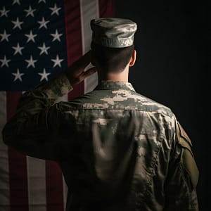 Military service help and benefits depicted by an officer saluting the flag.
