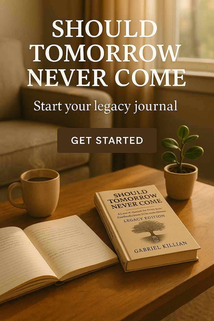 Hardcover Legacy Journal titled "Should Tomorrow Never Come" on coffee table with open notebook, coffee mug, and plant in warm, inviting living room