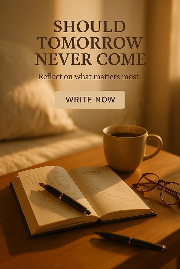 Open legacy journal on bedside table with pen, coffee mug, and glasses in warm morning light, with prompt to reflect and write