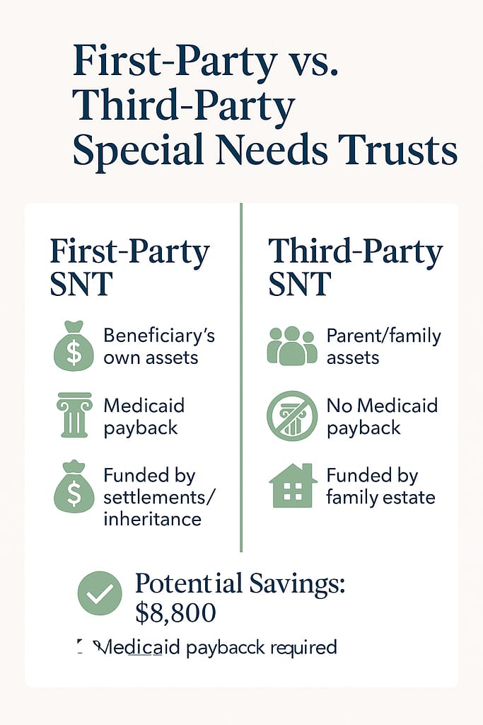 Infographic comparing first-party and third-party special needs trusts, showing key differences in funding and Medicaid payback requirements