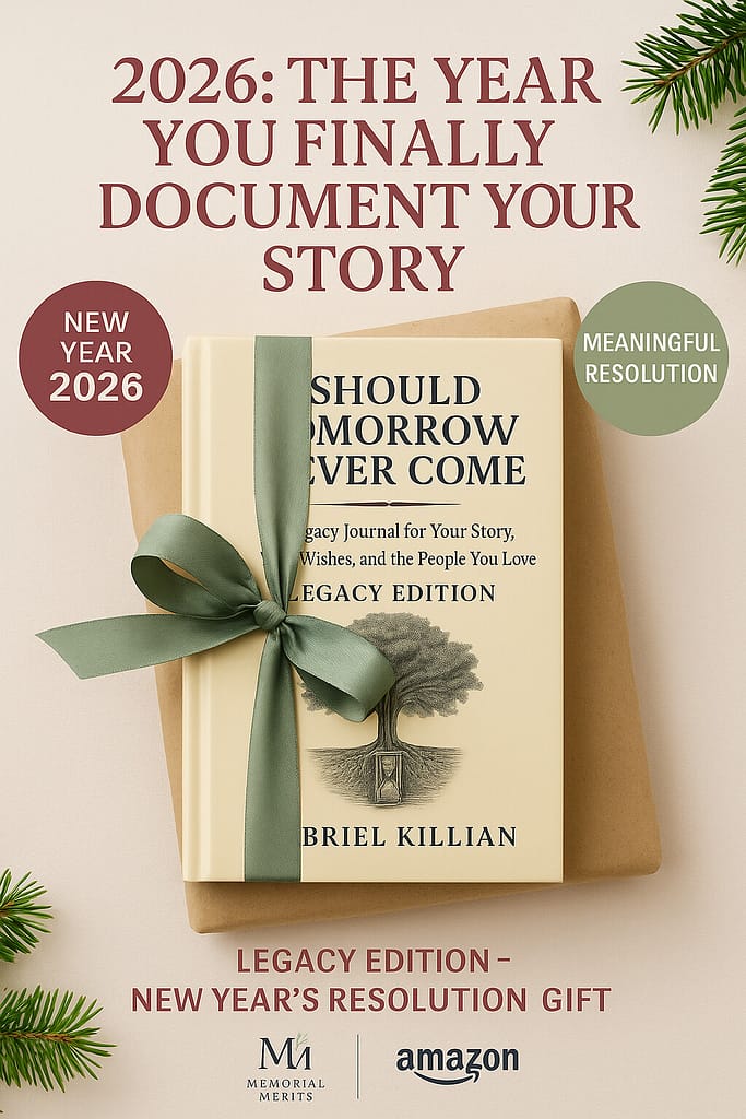 Should Tomorrow Never Come Legacy Edition journal with sage green ribbon, displayed as a meaningful New Year's resolution gift for documenting your story