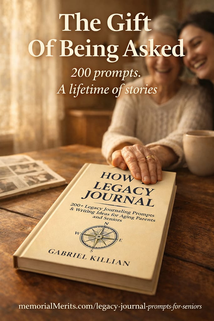How to Legacy Journal, a guided legacy journal for aging parents and life story book with 200 writing prompts, hardcover resting on a sunlit kitchen table beneath the stacked hands of an elderly mother and her adult daughter sharing a laugh, from Memorial Merits