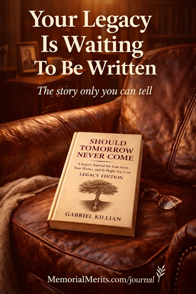 Should Tomorrow Never Come Legacy Edition hardcover legacy journal and guided life story book resting on a worn leather armchair beside folded reading glasses and a softly blurred framed family portrait, from Memorial Merits