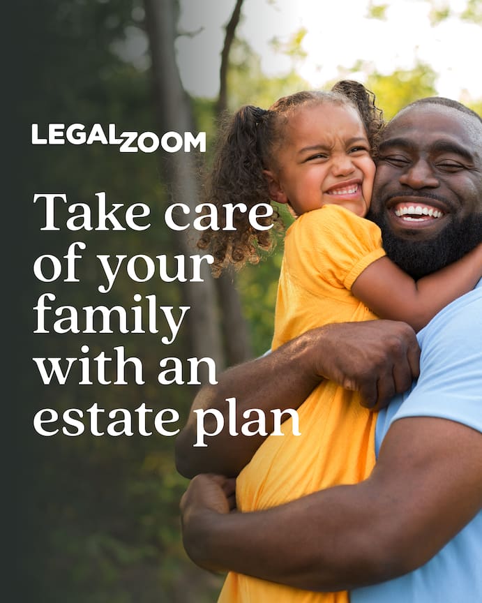 Smiling father holding his young daughter, with text "Take care of your family with an estate plan" and LegalZoom logo