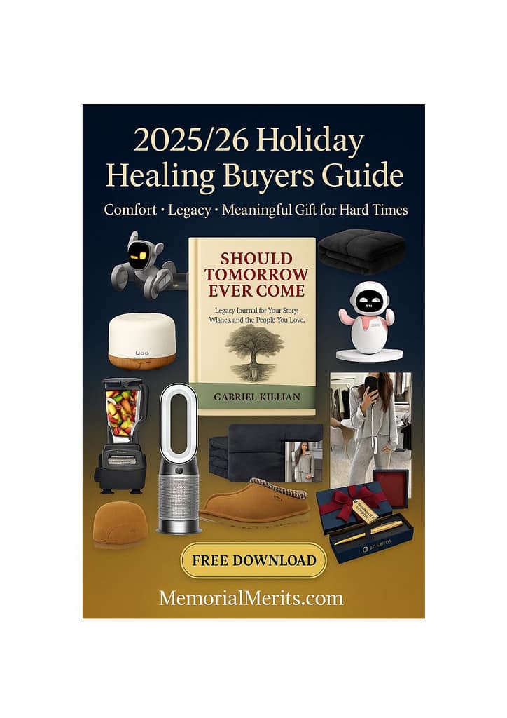 First page preview of the Holiday Healing Gift Guide from Memorial Merits with thoughtful gift suggestions for grieving individuals during the holiday season