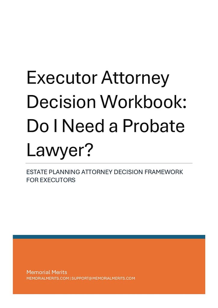 First page preview of the Executor Attorney Decision Worksheet from Memorial Merits for evaluating whether to hire a probate attorney
