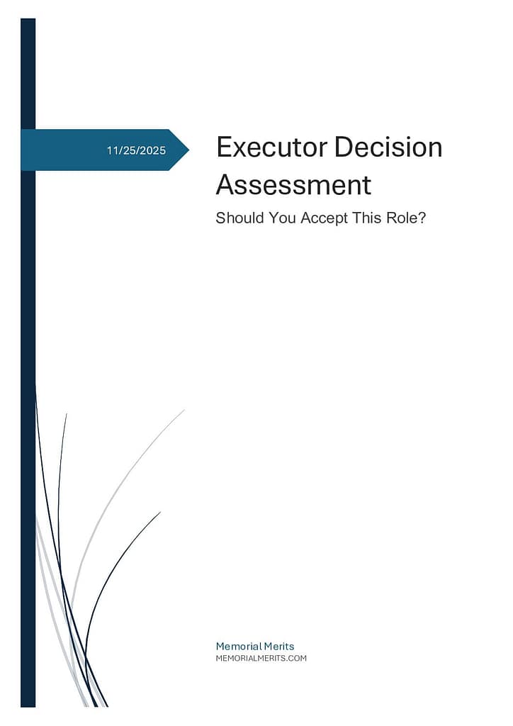 First page preview of the Executor Decision Assessment from Memorial Merits helping individuals evaluate whether to accept the executor role