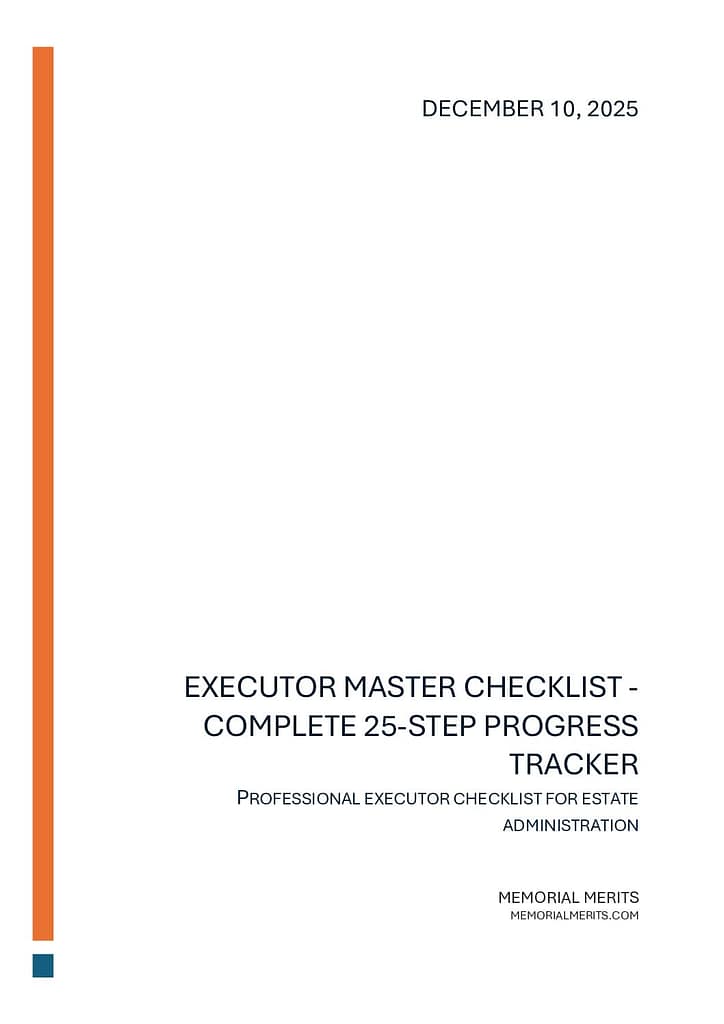 First page preview of the Executor Master Checklist showing a 25-step progress tracker for managing estate settlement tasks