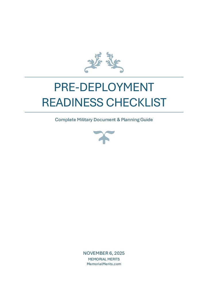 First page preview of the Military Pre-Deployment Readiness Checklist from Memorial Merits covering legal, financial, and family preparation before deployment