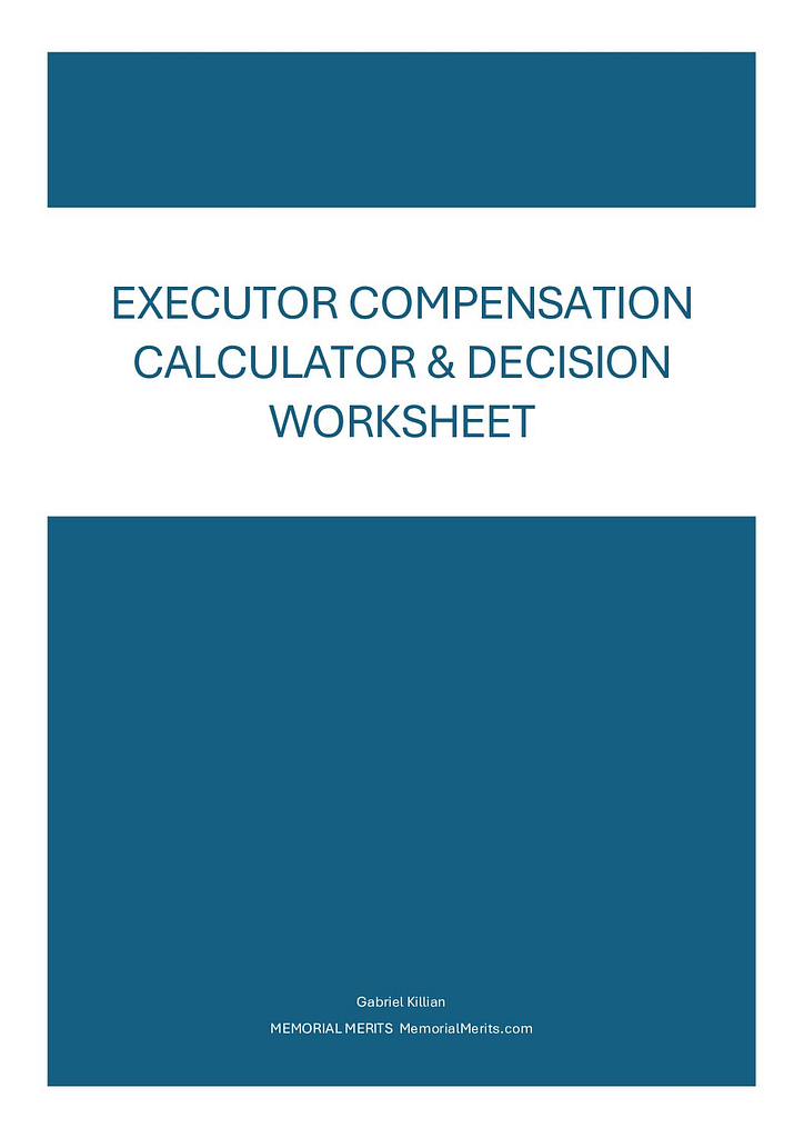 First page preview of the Executor Compensation Calculator Worksheet from Memorial Merits for determining reasonable executor fees