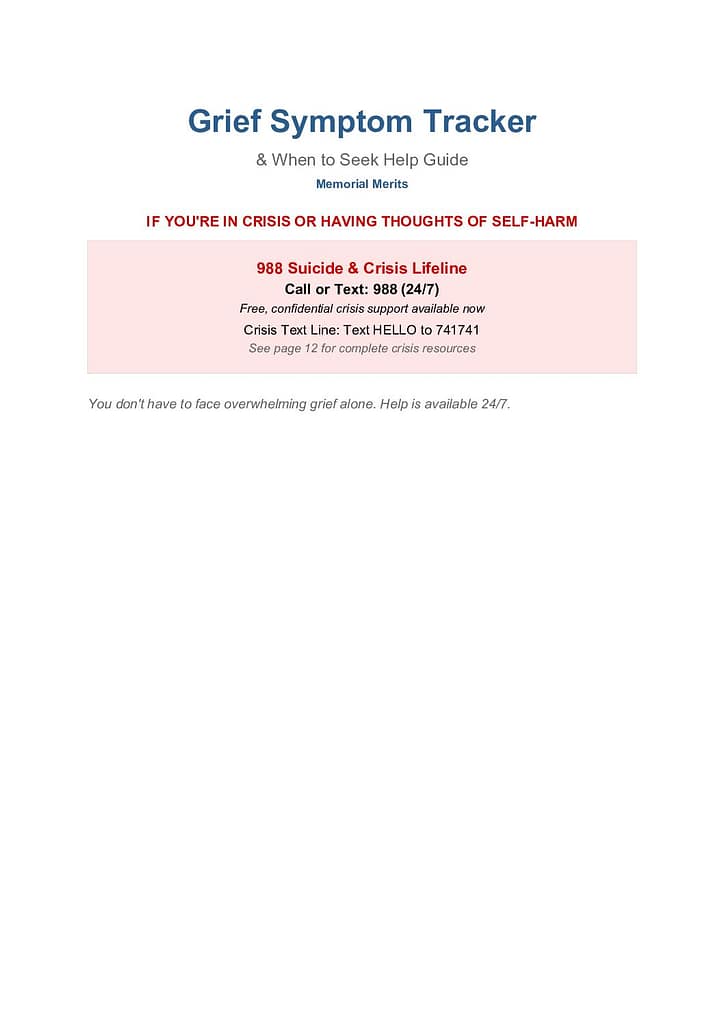First page preview of the Grief Symptom Tracker from Memorial Merits for monitoring grief symptoms and identifying when professional help may be needed